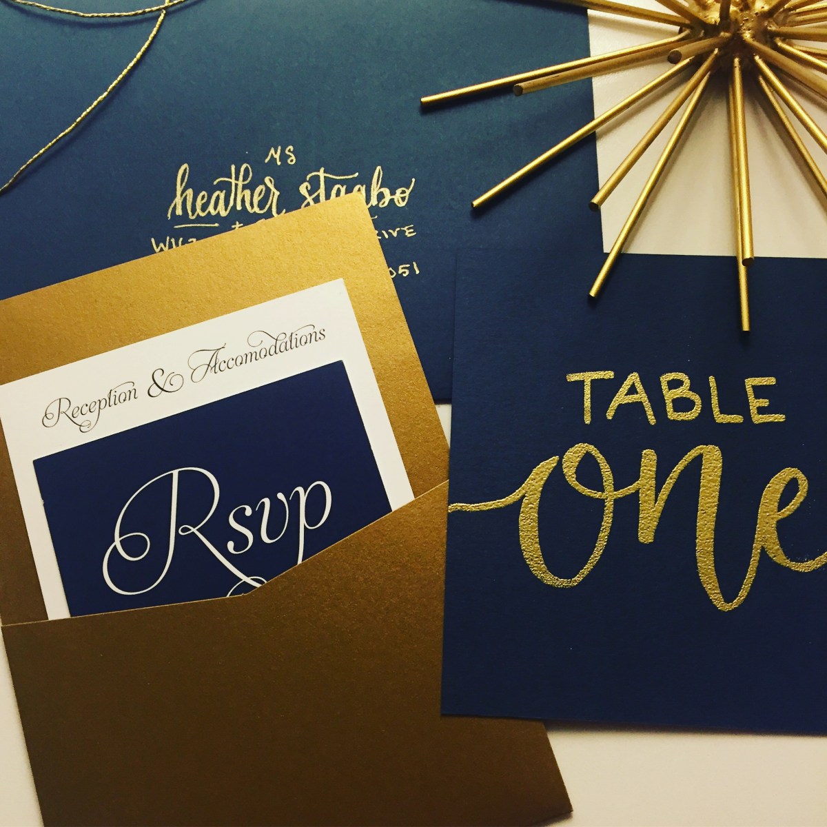 Gold and Navy Wedding Invitation - Pocket Style